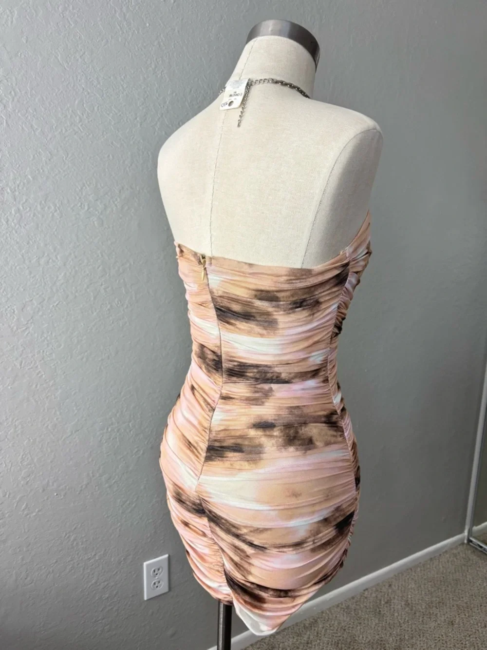 Strapless Pink & Brown Ruched Tie-Dye Bodycon Dress - Picture 3 of 6
